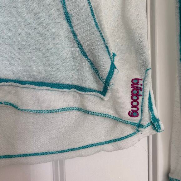 Billabong Pullover Graphic Hoodie Sweatshirt Women's Large Blue Pink Heart Y2K - Picture 4 of 10